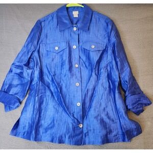 Chicos Shacket Crinkled Linen Long Sleeve Jacket Ocean Grove Blue Shirt Womens L